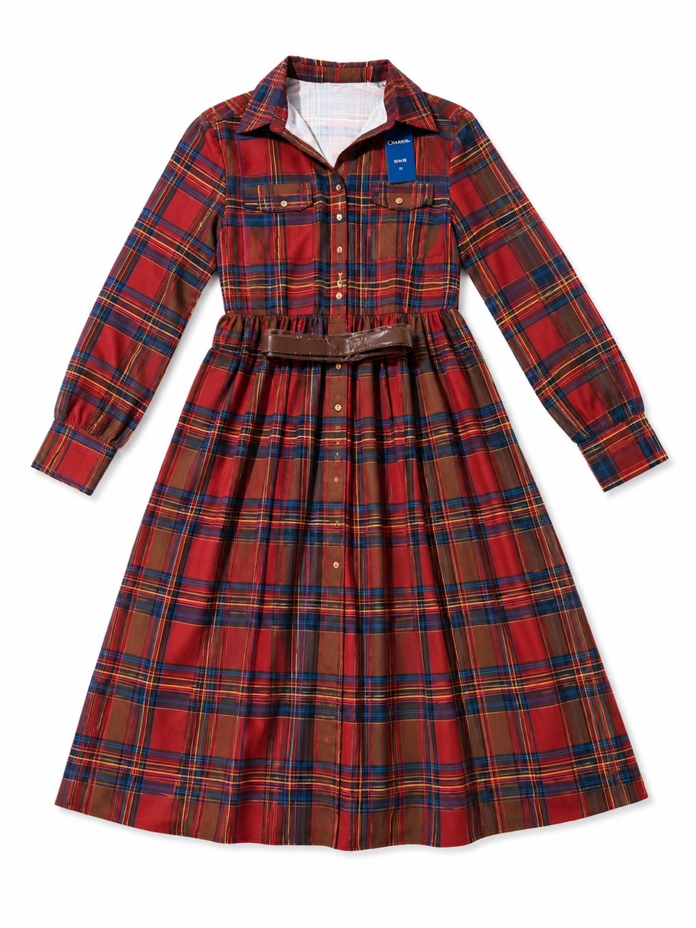 Red Plaid Long Sleeve Shirt Dress with Belt